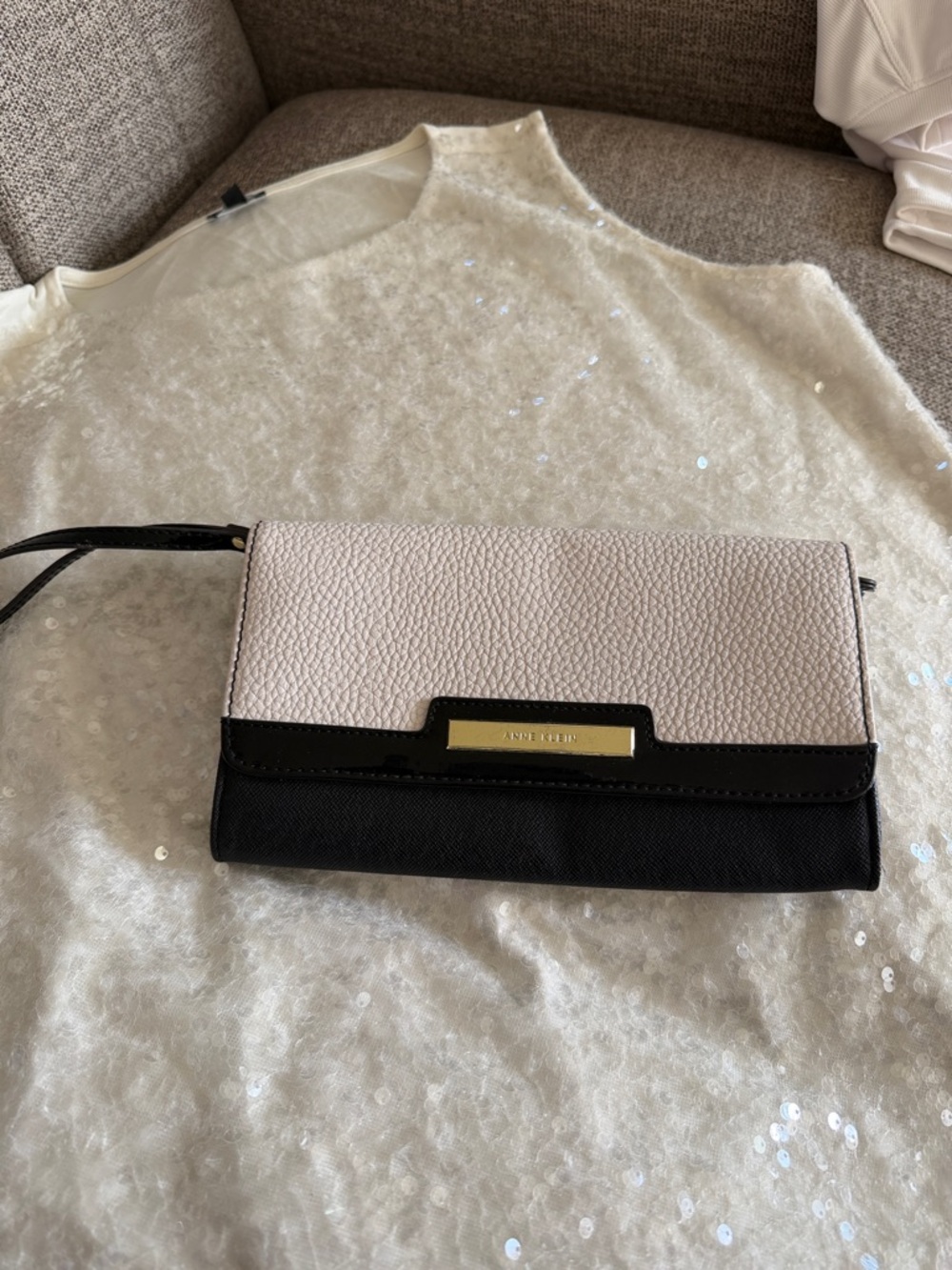 Anne Klein Pebbled Cream and Black Wristlet Clutch
